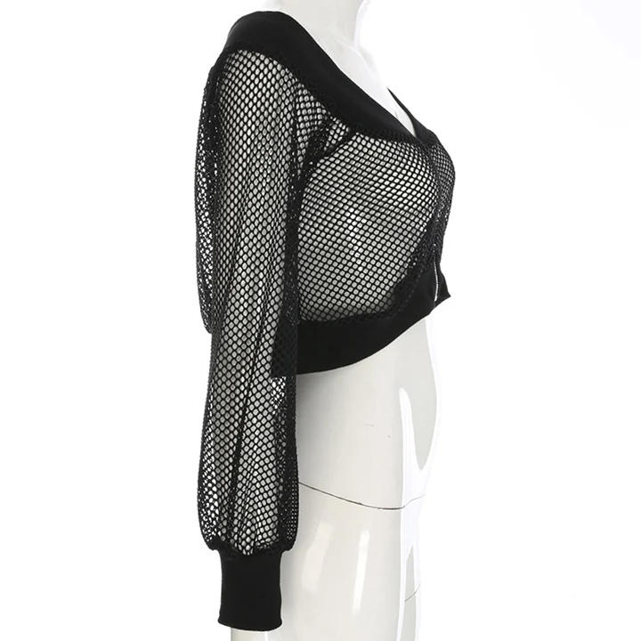 Rosetic, готическая Сексуальная короткая женская блузка, черная сетка, прозрачная, с вырезом лодочкой, с открытыми плечами, с длинным рукавом, Клубная, уличная, Готическая блузка