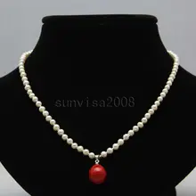 Природные ювелирные изделия Женщины подарков 7-8 мм белый пресной воды жемчужное ожерелье 1" 12-14 мм красный shell перл подвески серебро крючок