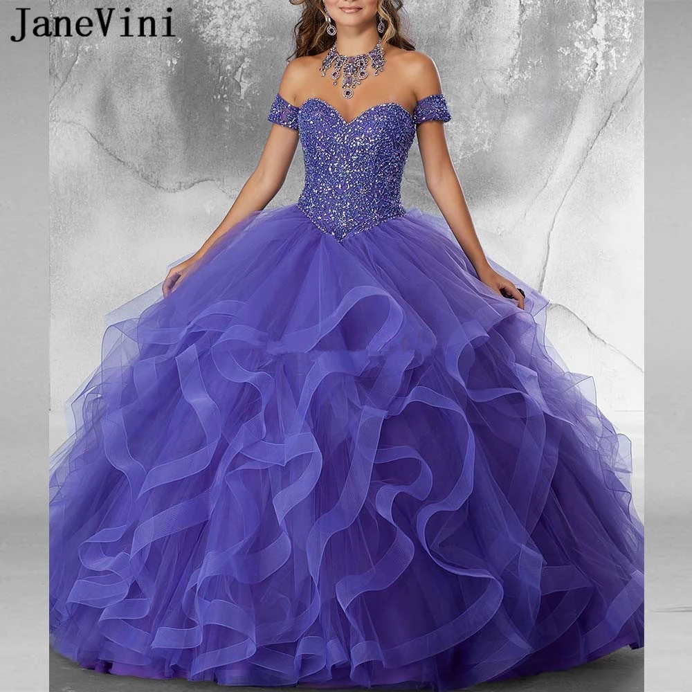 

JaneVini Elegant Purple Quinceanera Dresses Ball Gown Sweetheart Luxury Sparkle Beading Sweet Tulle Princess Gowns Vestidos 15