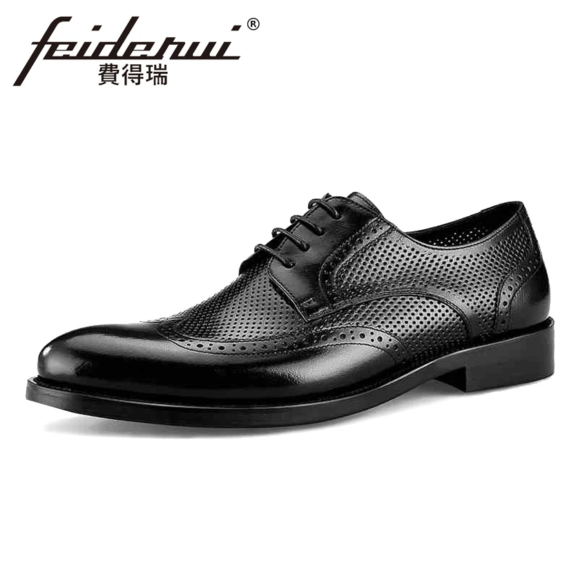 Hombres Auténtico Bql39 Británico Oficina Oxfords Verano Transpirable Wingtip Brogue Negro Hombre marrón Punta Zapatos Vestido Cuero Masculino Redonda Formal qEEftv8F