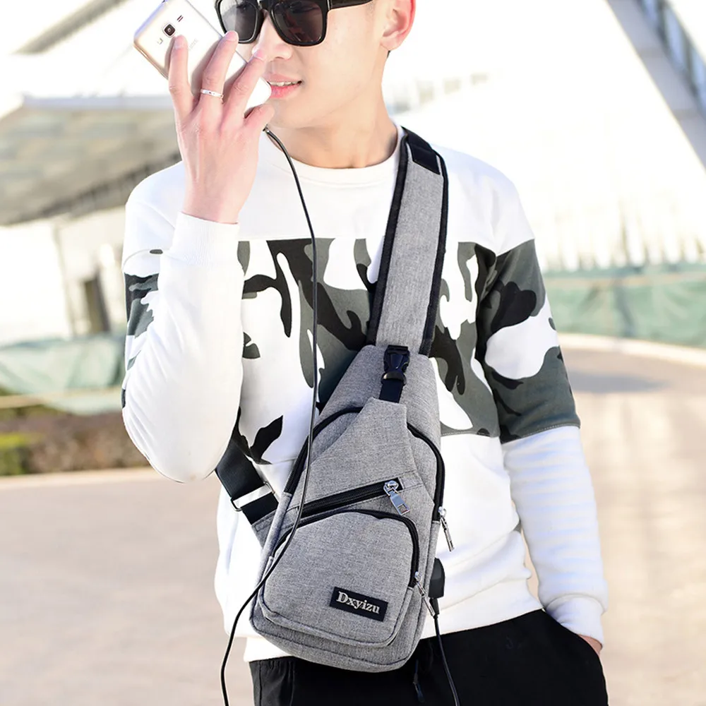 Usb قماش الصدر أكياس للجنسين بوسطن حقيبة الأزياء الرجال البوليستر حقيبة رافعة الصدر حزمة Crossbody حقيبة مع USB شحن