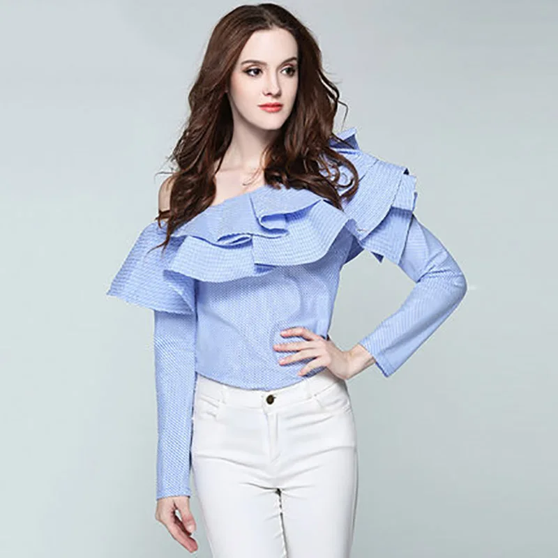 

PADEGAO Ladies New Slash Neck Sexy Women Ruffles Shirt Sexy Women Skew Collar Slim Striped Shirts Work Office Female 2019 Tops