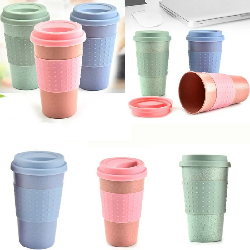 

Reusable Wheat Straw Coffee Tea Mug Cup Outdoor Travel Juice Beer Water Cup with Silicone Cup Lid 300ML