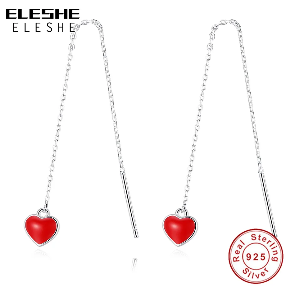 

ELESHE 100% 925 Sterling Silver Long Earrings Red Enamel Little Heart Dangle Earrings for Women Wedding Engagement Jewelry Gift