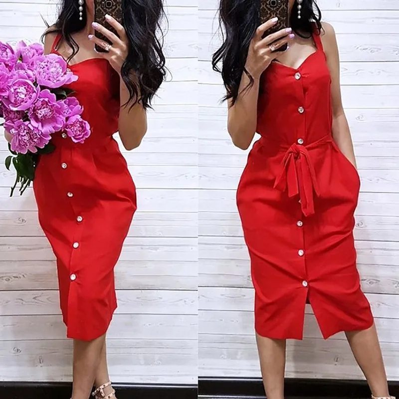 Backless Bodycon Midi Button Sexy Summer Dresses Vestidos Split Pocket Sleeveless Women 2019 Ladies Dress New | Женская одежда