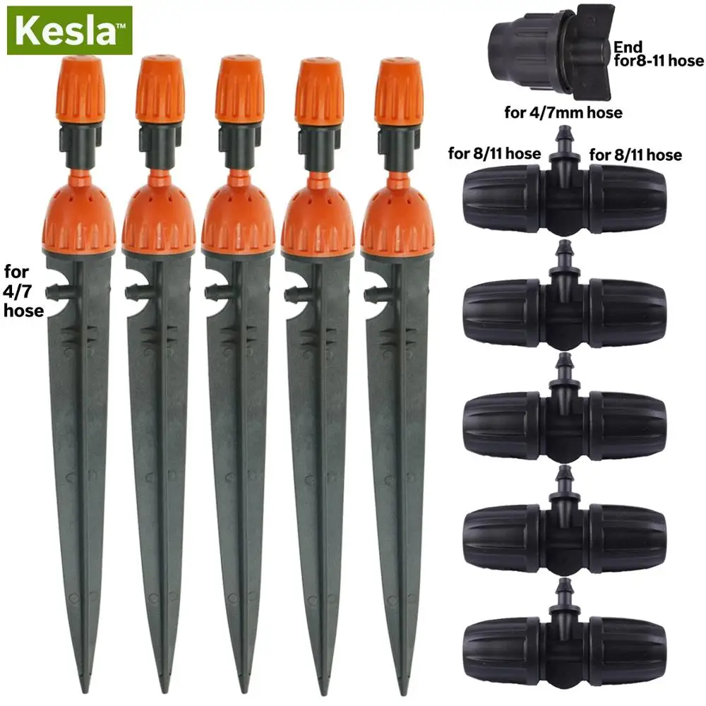 

5X Adjustable 8 Outlet Sprayer Dripper Sprinkler +5pcs 8/11-4/7mm Hose Tee Connectors + End Plug Drip Irrigation Watering System