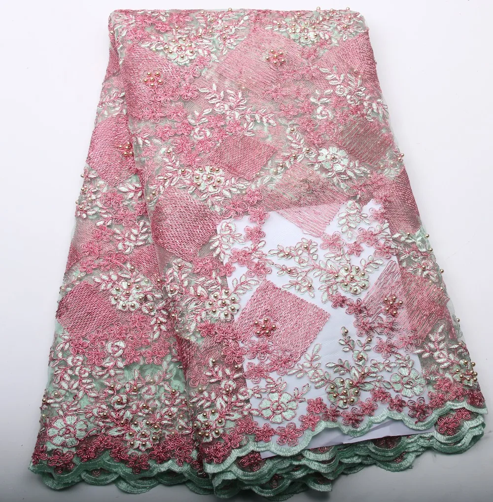 

2017 Latest African French Net Lace Fabric with beads best Quality African Tulle Lace Fabric For Nigerian 314B-1