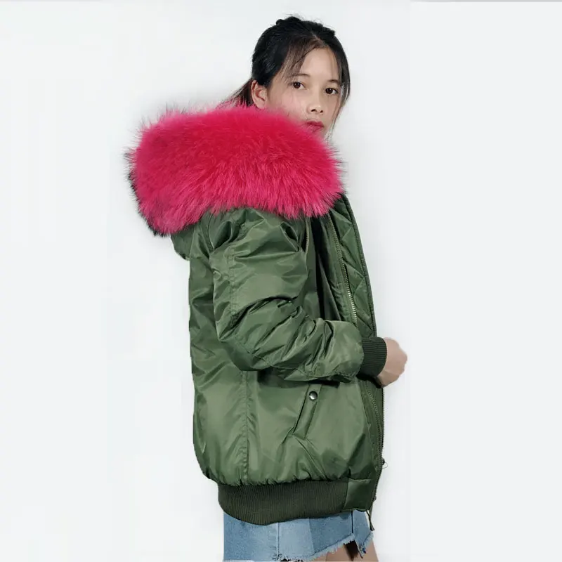 Bombardiers Armée L'intérieur Manteau D'hiver Bomber Fourrure Motif Artificielle Avec Rose À Veste Vert Grand Col Femmes dxCBoer