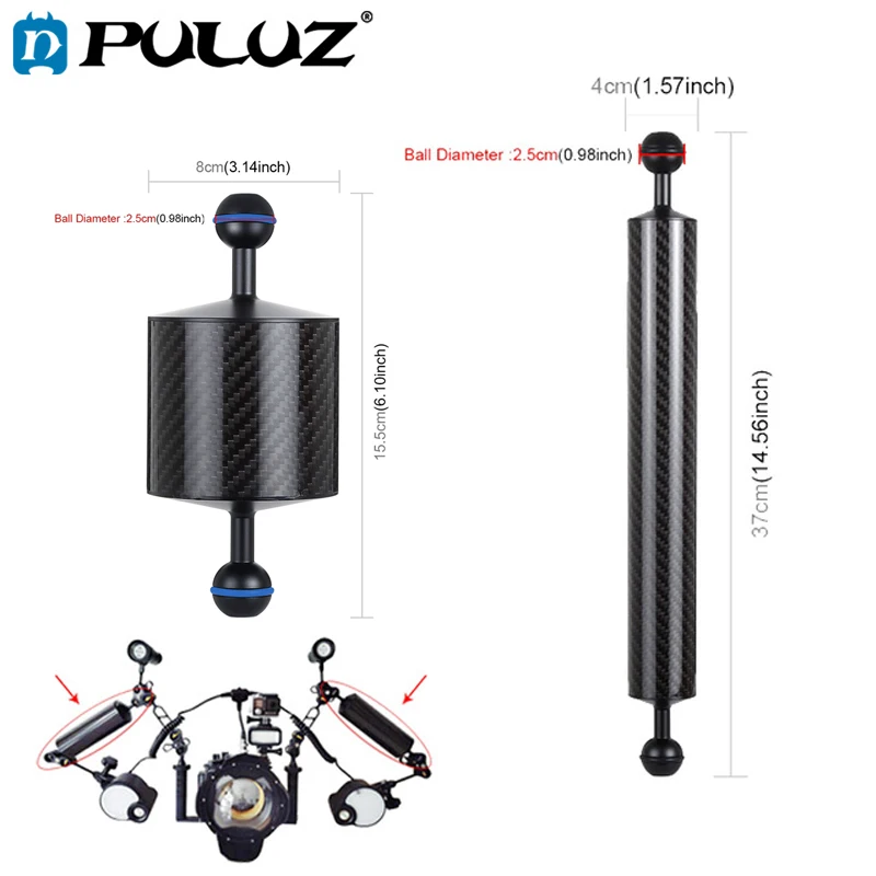 Плавающий шар PULUZ 10,8 дюйма 27,5 см длина 80 мм Диаметр двойные шарики углеродное волокно плавающая рука, диаметр шара: 2,5 см