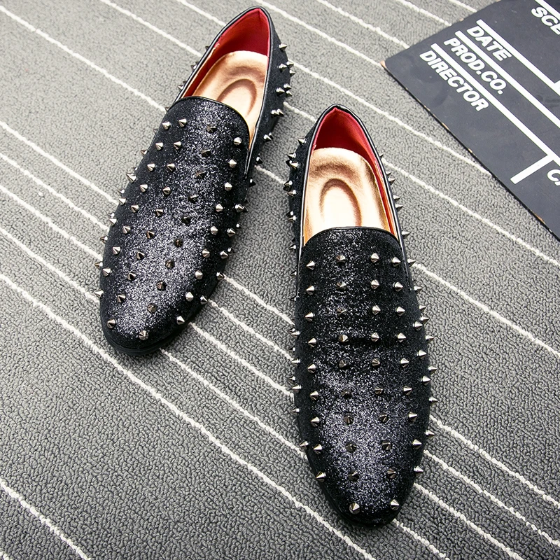 men's spike dress shoes italian silver gold slip on rhinestone loafers 2017 luxury brand unique cool male studded footwear flats (22)