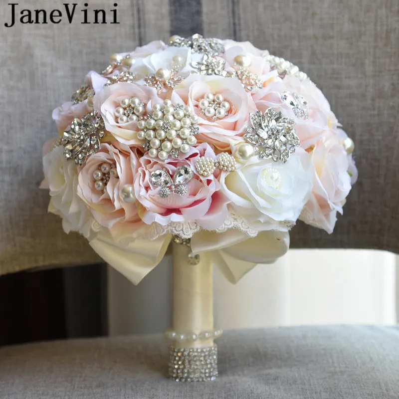 JaneVini Vintage European Wedding Bouquet Pink Champagne Rose Artificial Crystal Rhinestones Bride Flower Bouquet Bridal Brooch