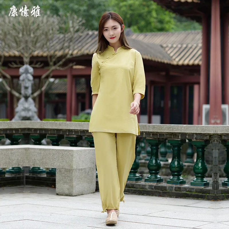 

spring women yoga set cotton linen loose yoga shirt wide leg yoga pant meditation tai chi uniforms martial arts kungfu yoga suit