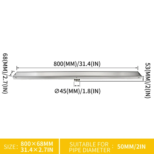 High Quality 80CM SUS304 Stainless Steel Floor Drain Tile Insert Rectangular Anti-Odor Shower Floor Drain Gate Drain Middle Gravity Type