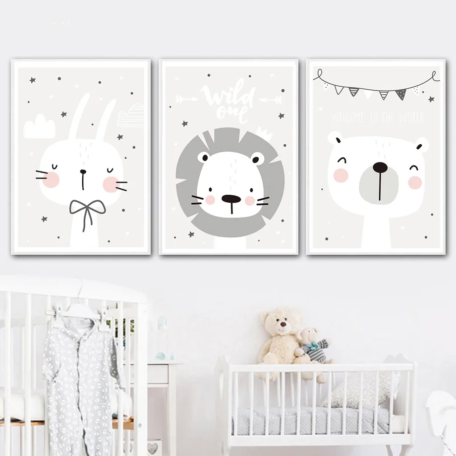 

3 Piece Nordic Nursery Wall Decor Baby Animal Poster Lion Bear Rabbit Wall Pictures for Kids Rooms Cartoon Canvas Painting