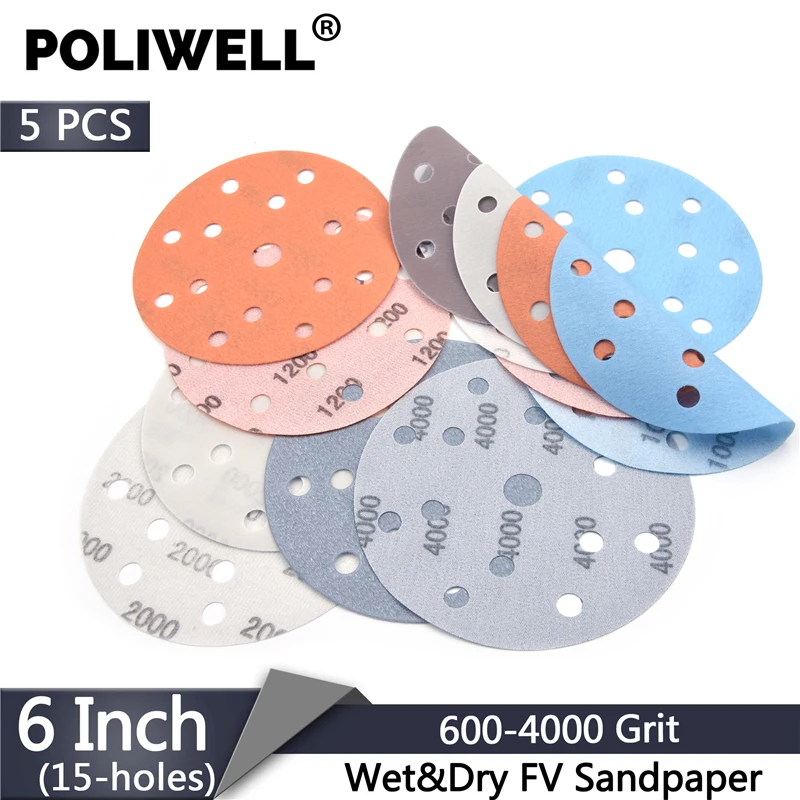 

POLIWELL 5Pcs 150mm 15-Holes Waterproof FV Superfine Sanding Discs 3000 Grit Abrasive Paper Wet and Dry Car Polishing Grindling