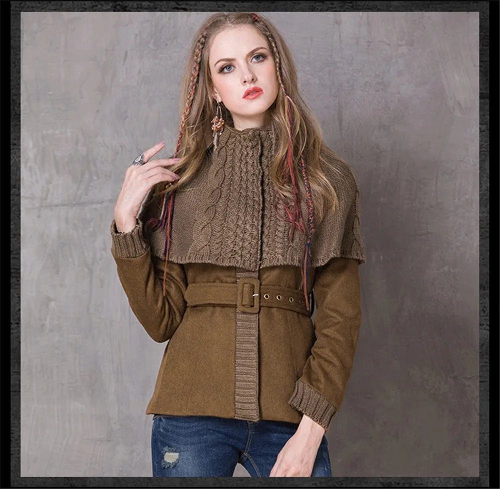 Vintage Fake 2 piece Winter Cloak Women Coat Wool Coats Long Sleeve Knitting Cloak Woolen Coat Patchwork Belted Bodycon Casacos (9)