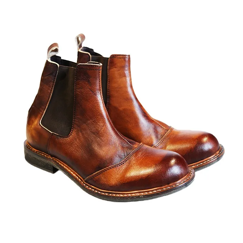 Мужские ботинки «Челси» в стиле ретро; Зимние ботильоны из натуральной кожи с круглым носком; Новинка года; Модные Винтажные ботинки для мужчин; Bota Masculina - Цвет: brown