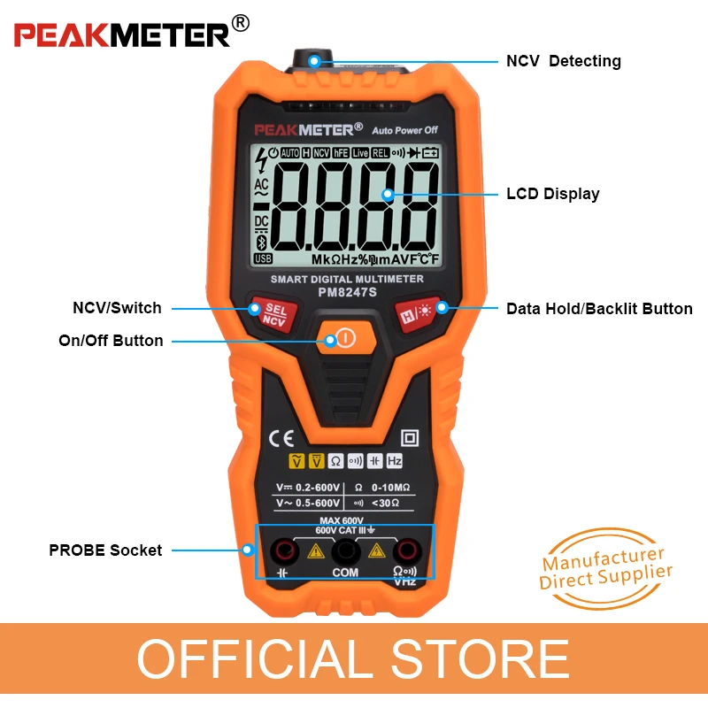 PEAKMETER PM8247S Smart AutoRange Профессиональный цифровой мультиметр Вольтметр с NCV частотной подсветкой