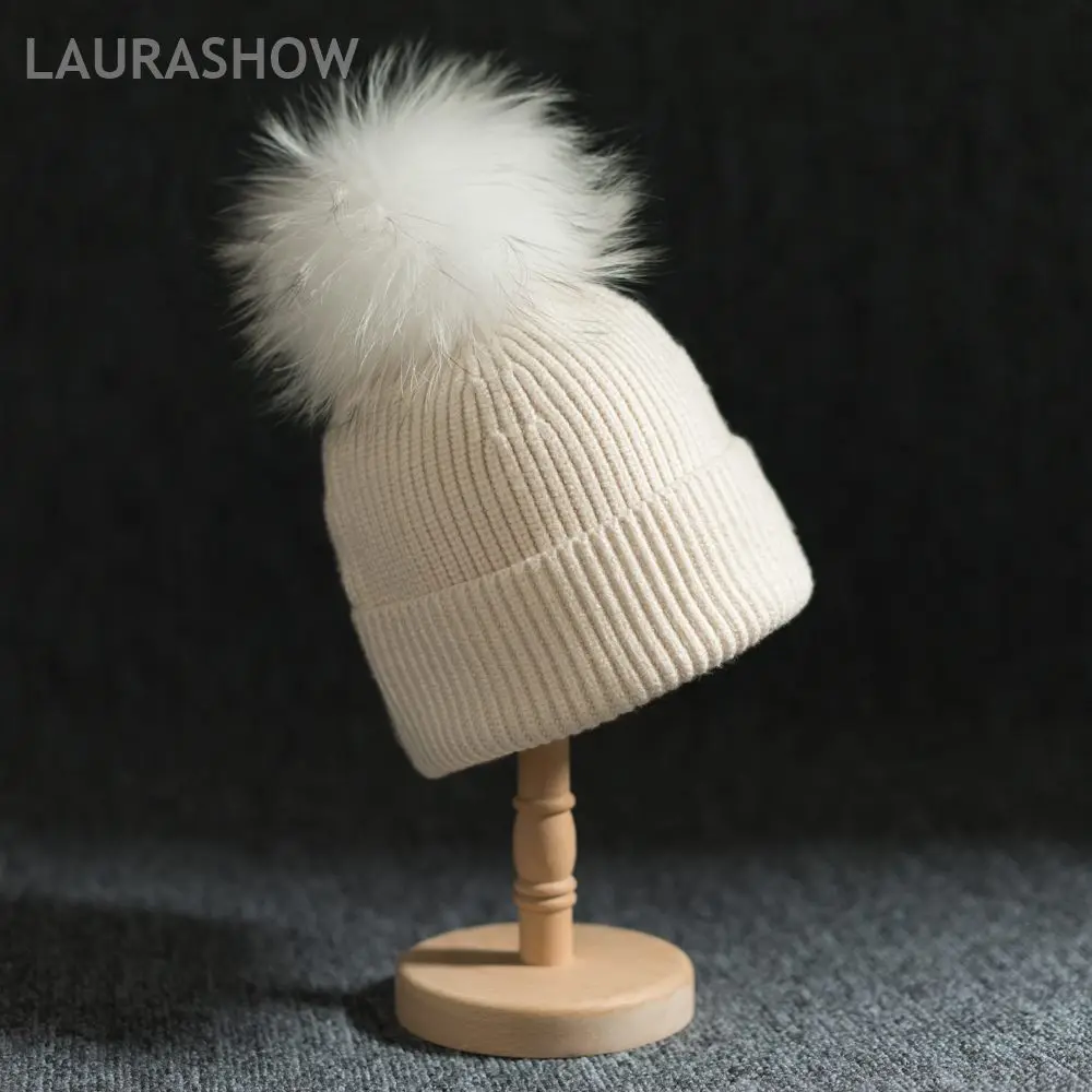 Лауразот норковый шарик из меха енота шапка 16 см помпоны 30% шерстяная зимняя шапка для женщин шапка для девочек вязаные шапки шапка новая женская шапка - Цвет: Белый