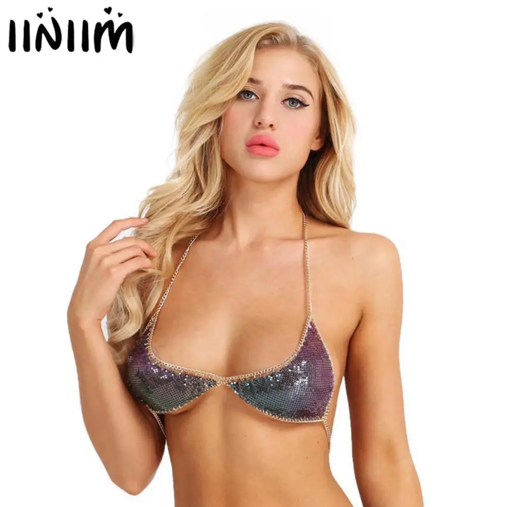  iiniim Womens Club Diamond Bra Cocktail Party Pole Dance Clubwear Bra Tops Shinny Aluminium Halter 