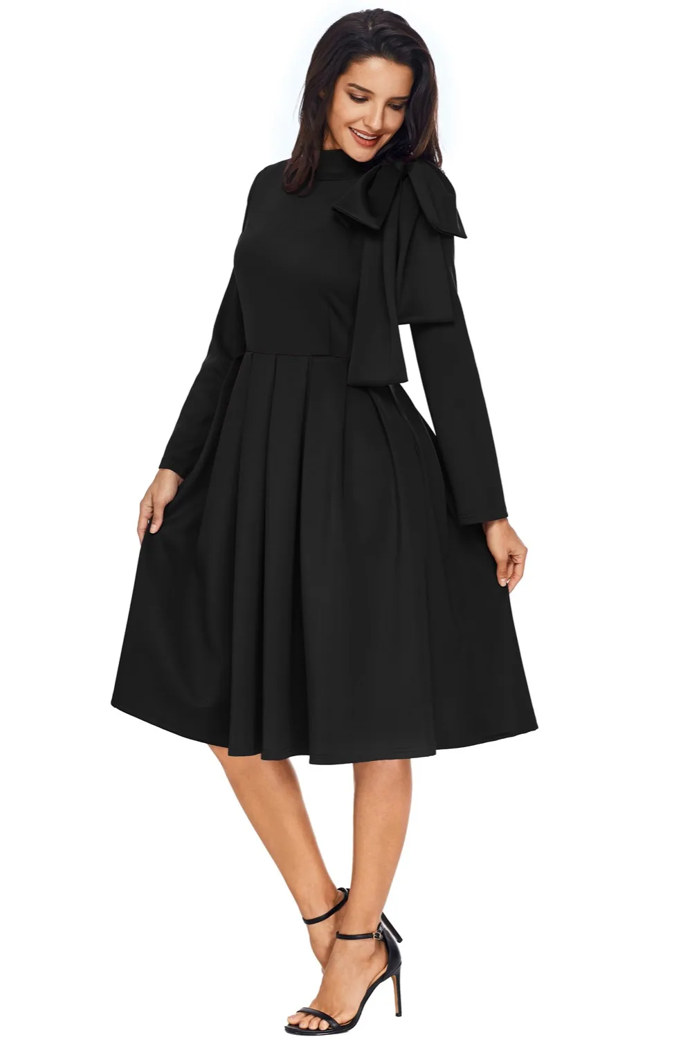 Black-Bowknot-Embellished-Mock-Neck-Pocket-Dress-LC61832-2-3