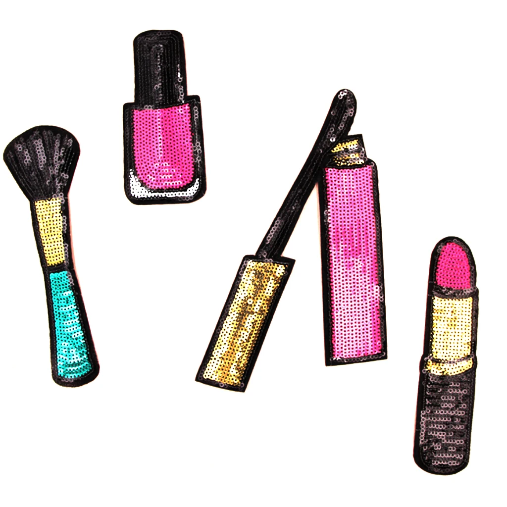 4 Pieces Fashion Lipstick Makeup Embroidered Sequin Iron on Appliques Patches for   Clothing jackets Jeans Backpacks