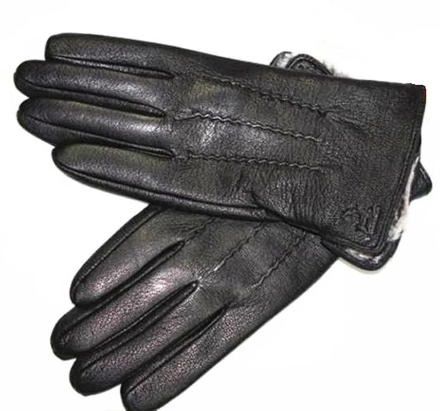 Guantes зимние перчатки мужские кожаные перчатки оленья утолщенная волна воды стиль поддельная подкладка осень и зима теплая - Цвет: Fake rabbit hairy