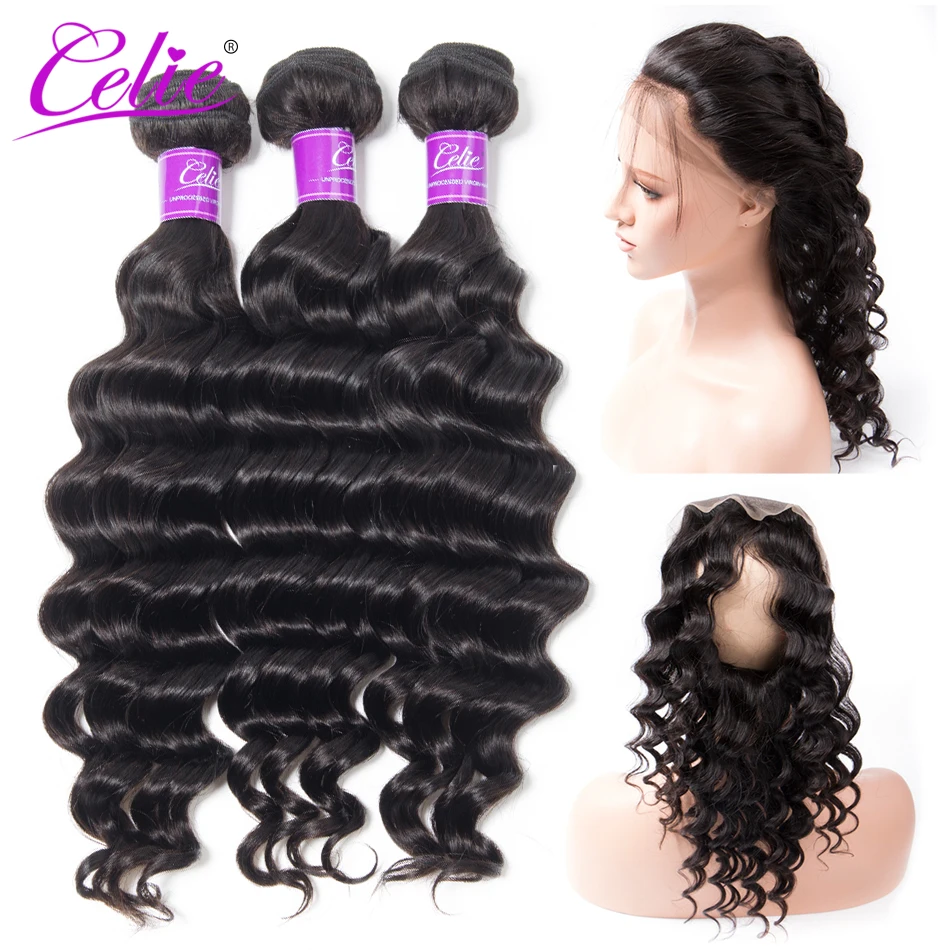 

Celie Hair Loose 360 Frontal With Bundles 4Pcs/Lot Natural Black Loose Deep Wave Bundles With Closure Remy Peruvian Hair Bundles