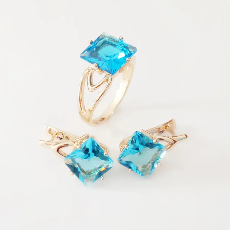 

New Fashion Jewelry Set 585 Rose Gold Color Women Jewelry Romantic Jewelry Sets Light Blue Wedding Ring +Earring Jewelry Sets