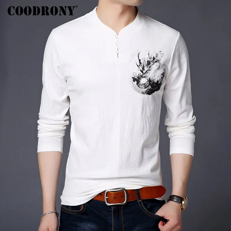 

COODRONY Chinese Style Button Henry Collar T-Shirt Men Long Sleeve Cotton T Shirt Men Clothes 2018 Linen Tee Shirt Homme T005