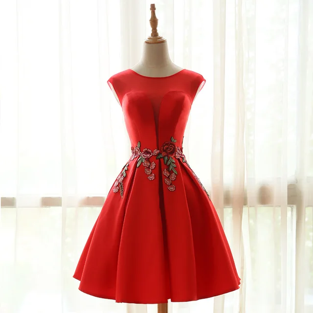 Elegant Red Embroidery Short Cocktail Dresses 2017 Satin Knee Length Lace Up Back Formal Party Prom