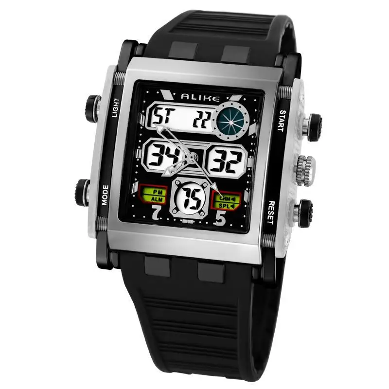 

2016 Alike Sport Brand 50M Waterproof Men Dress Steel Square Case Analog Digital Multi-Function Square Electronic Quartz Watch