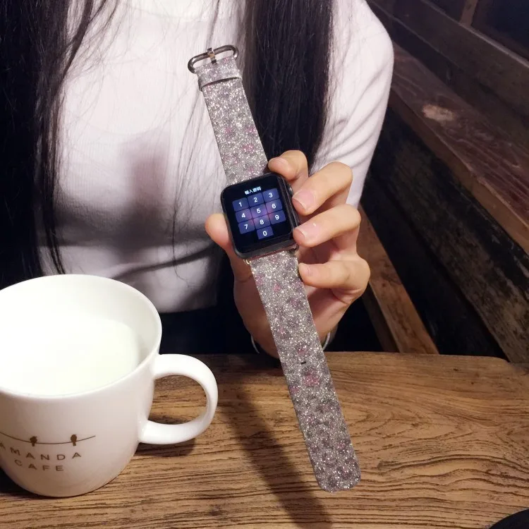 Новые модные блестящие радужные Apple ремешок для Apple iWatch модные розовые леопардовые часы ремешок для женщин Apple Замена официальный