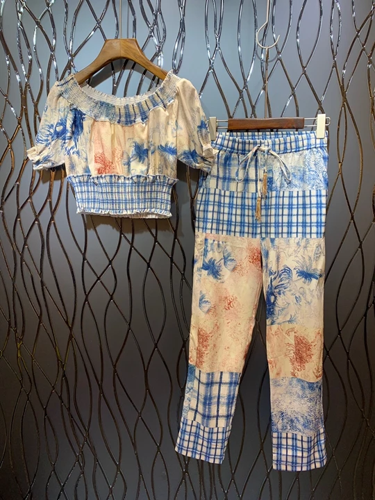 

Summer 2019 New Women's Loose Printed Short Pants Jacket + Drawstring Receiving Checker Printed Trousers Suit 614
