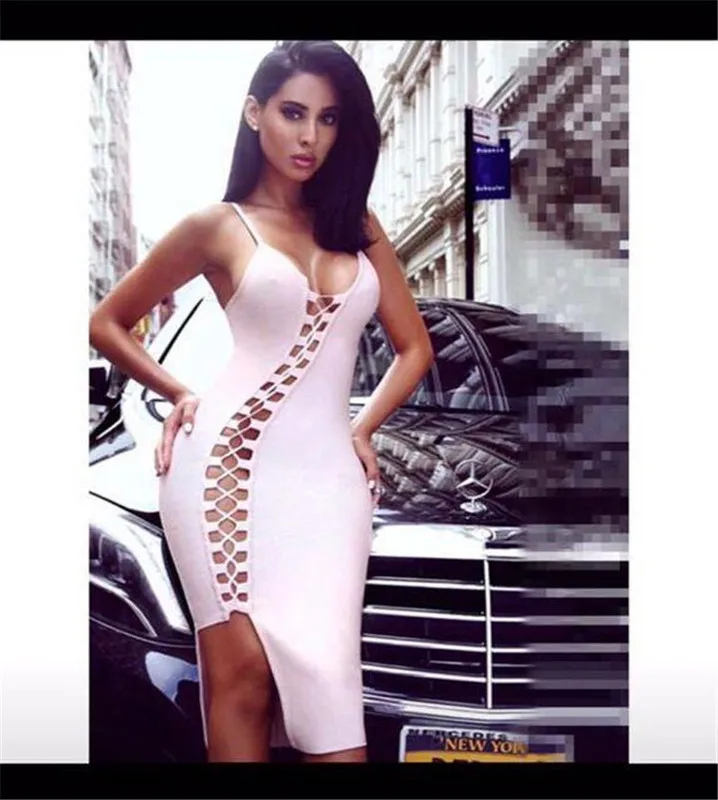 

2016 New Elegant Front Open Side Braid Cut Out Spaghetti Strap Wholesale Celebrity Party Bandage Dress