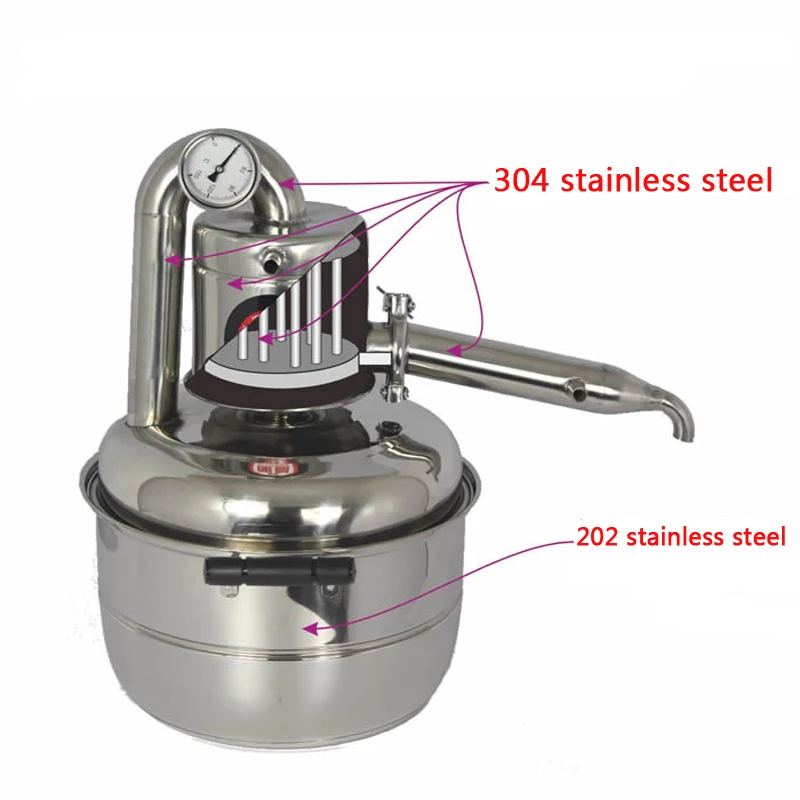 New DIY 10L Alcohol Distiller Home Brewing Kit Stainless&Copper Cooling Home Wine Making Moonshine Still Water Distillation Brew Fermenter Tank For Making White&Fruit Spirit With Pump Copper 