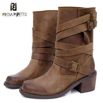 

Prova Perfetto Retro Do Old Design Genuine Leather Belt Buckle Slip On Mid Boot Solid Square Toe Chunky High Heel Knight Boots