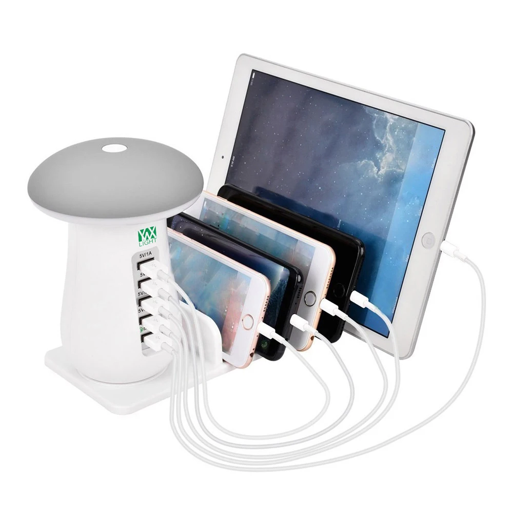 

Lightme Multifunction 5 Port USB Charging Holder With LED Nightlight And Stand Mushroom LED Lamp Best Gift Home Decoration