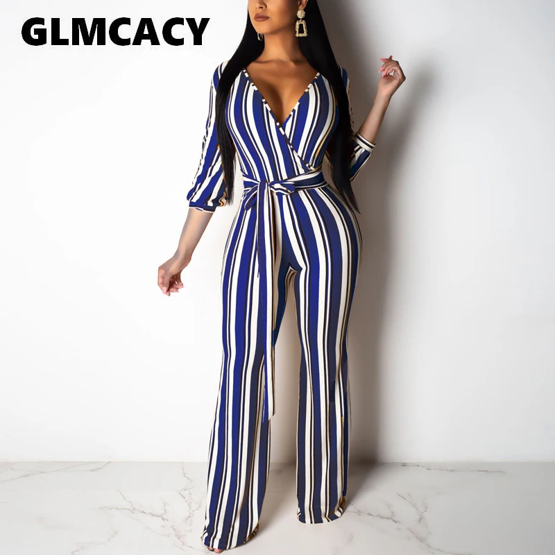 

Women Summer Half Sleeve Striped Jumpsuits Sexy V Neck Bodycon Long Overalls Elegant Office Lady Workwear Jumpsuit