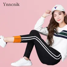 Ynncnik Высокая талия узкие брюки-карандаш сбоку в полоску черные зимние теплые брюки утолщение Руна корейские леггинсы S1342