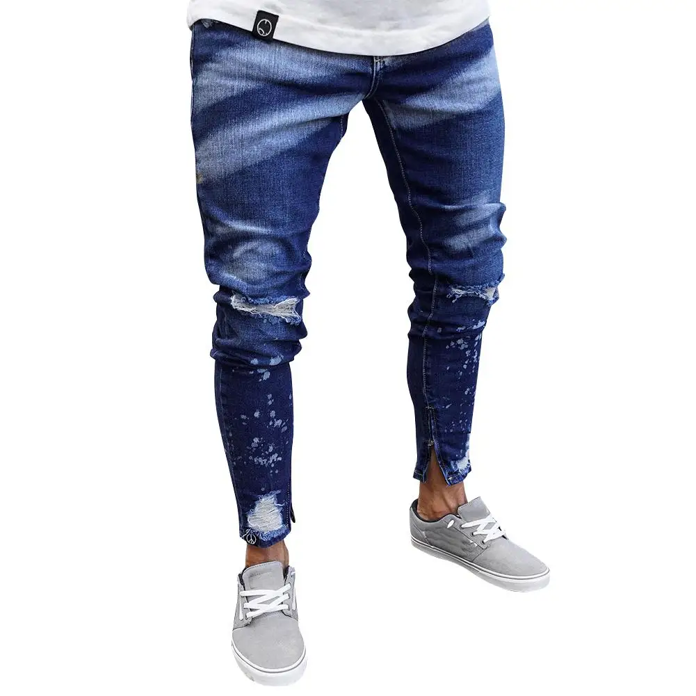 MISSKY мужские джинсы длинные брюки синий цвет живопись молния тонкие потертые джинсы брюки для улицы повседневная одежда мужская одежда