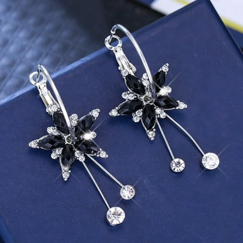 

Fashion Crystal Black Flower Fringe Earings Rhinestone Flower Long Dangle Tassel Earrings For Women Jewelry Gift