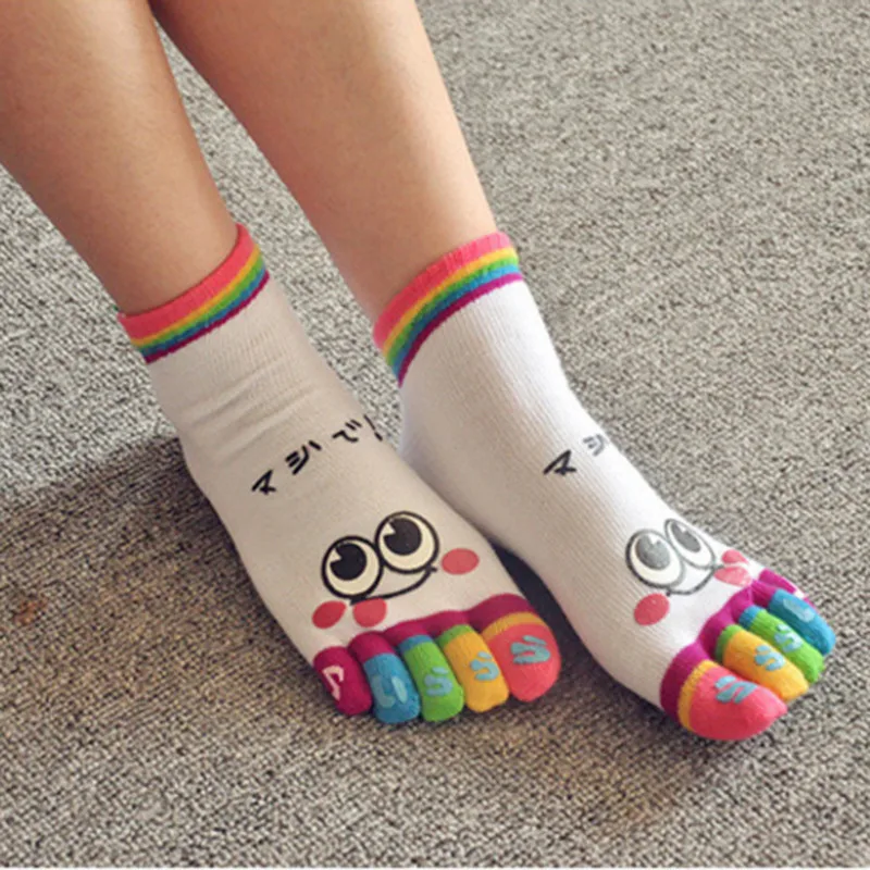 Female Women Cotton Socks Cute Smiley Five Finger Sock Cartoon Printing