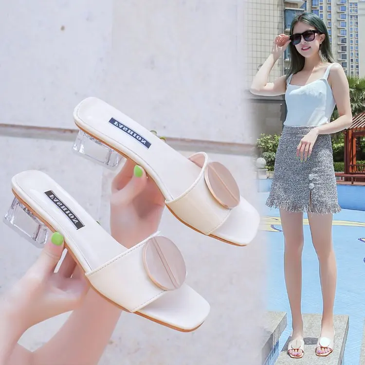 

BRKWLYZ nutricula Summer shoes woman open toe heels sandals Transparent Square high heels sandals women wedge slipper