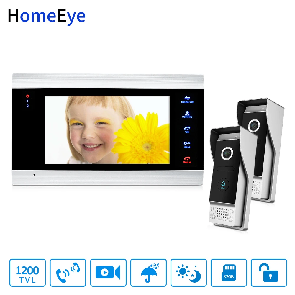 HomeEye 7'' 1200TVL Video Door Phone Video Intercom Security Access System Rainproof Motion Detection OSD Menu Works for 2 Locks