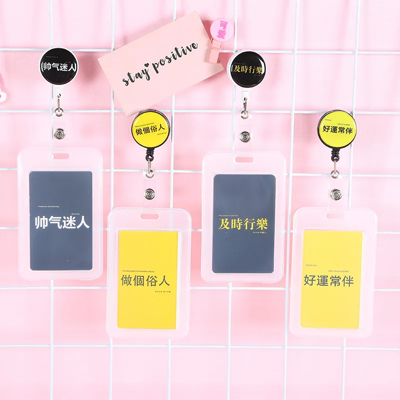 

Fashion Retractable Reel ID Card Holder Acrylic Cute Metal Button Transparent Photo Identity Badge Protection Business Card Case