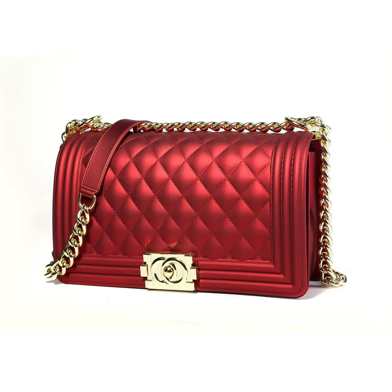 

Elegant Solid Color Jelly Bags Women Gold Locks Chains Shoulder Messenger Bags Fashion Women Diamond Plaid Handbags Channel Bags
