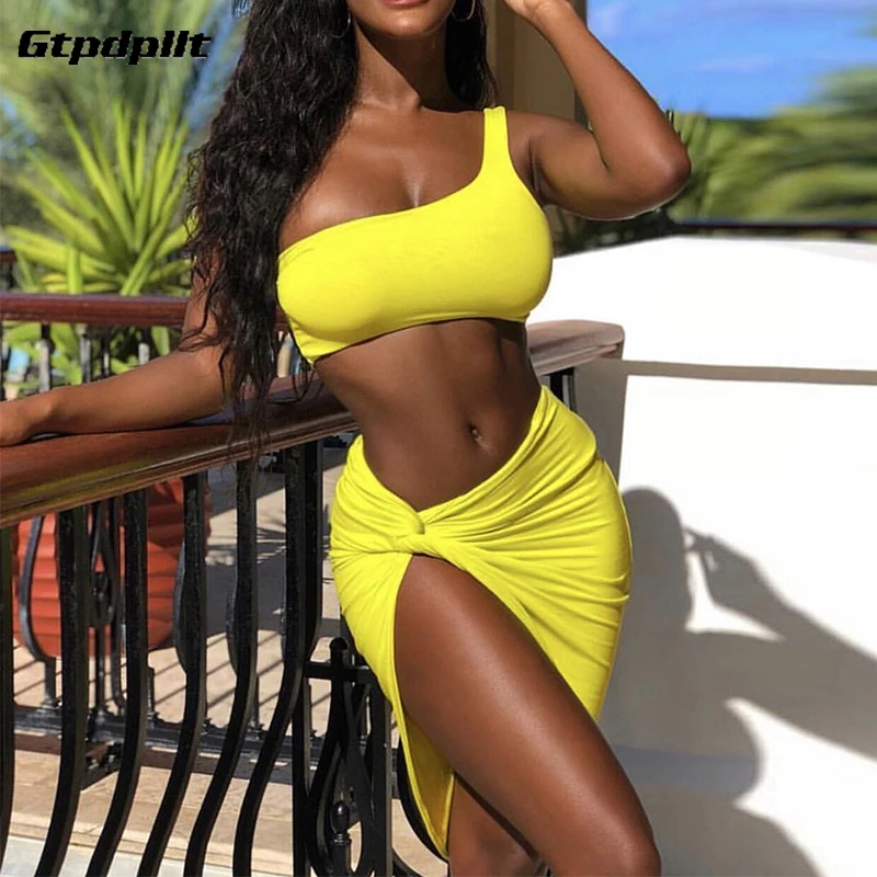 

Gtpdpllt Two Piece Set Sexy Summer Dress Women One Shoulder High Split Bodycon Dress Party Short Pleated Dress Bandage Vestidos