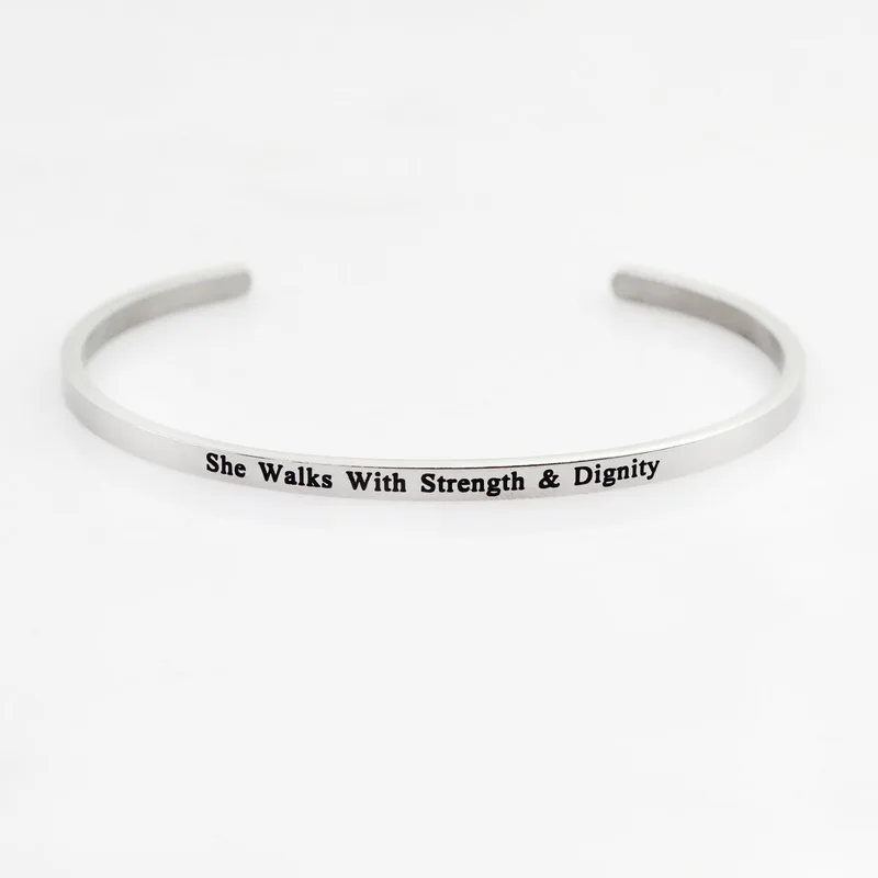 New Silver Stainless Steel Bangle Engraved Positive Inspirational Quote Hand Stamped Cuff Mantra Bracelets For Men Women - Окраска металла: She Walks With Stre