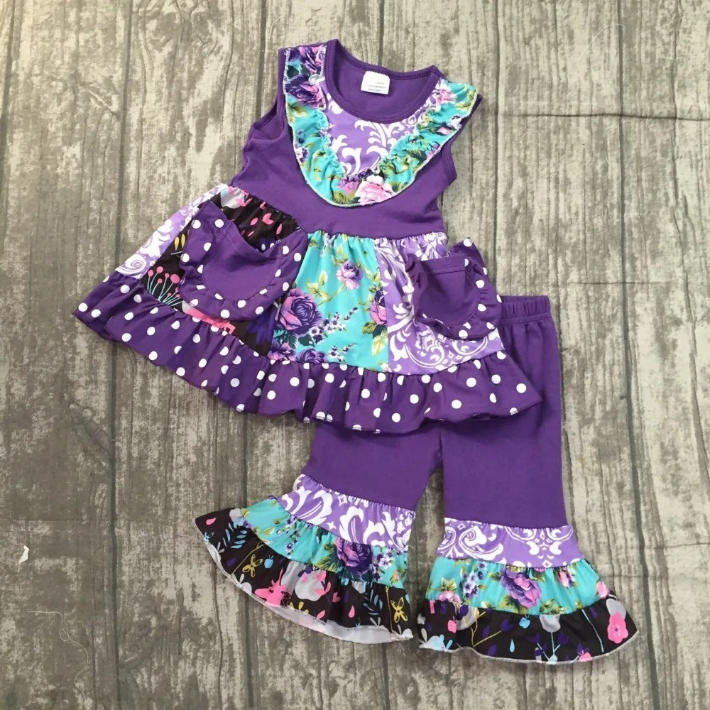 

2018 Summer outfit purple lavender mint flower sleeveless top ruffle capri set boutique clothing 12m to 8t available